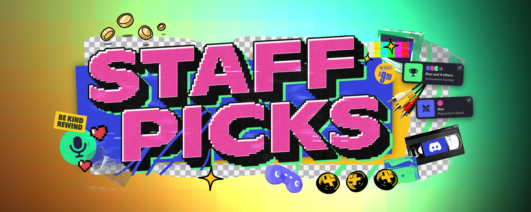 A stylized header that says “Staff Picks.” Icons and imagery of gamepads, microphone icons, VHS tapes, and in-app Activity statuses. 